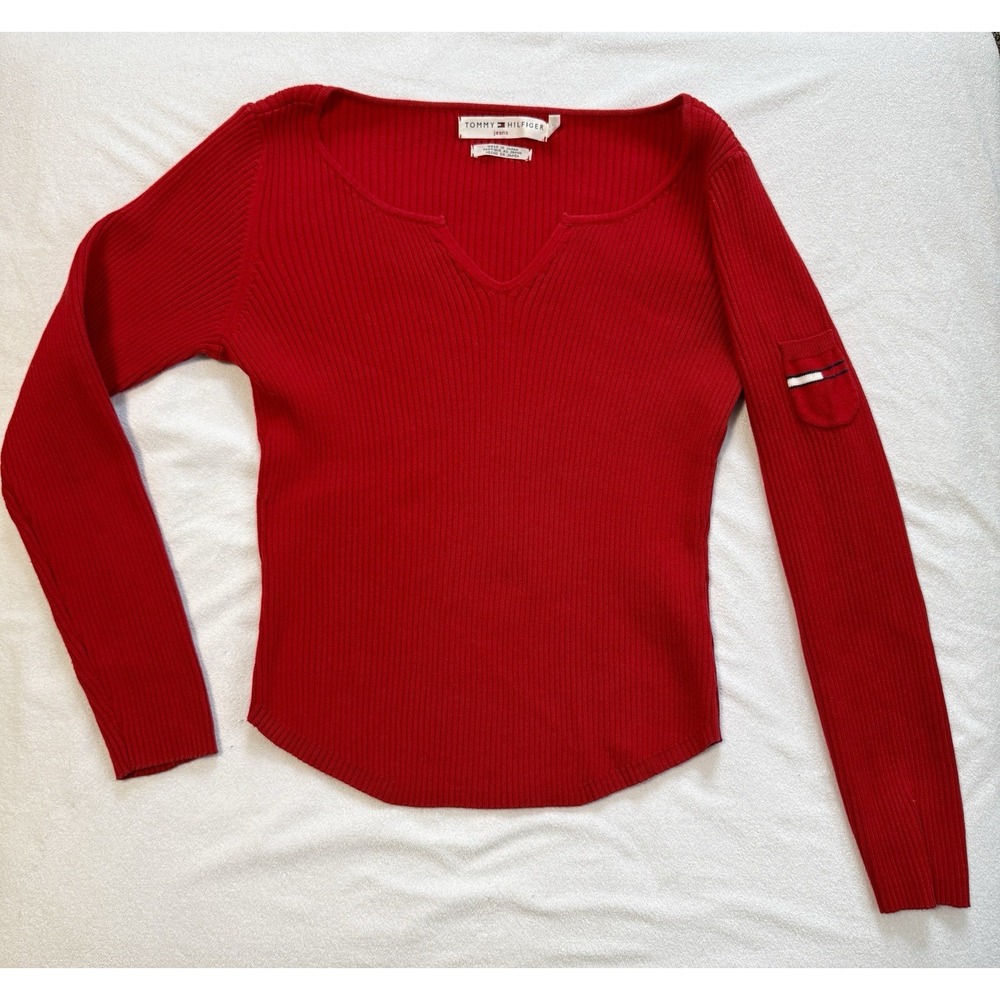 Vintage Y2K Preppy Red Ribbed Tommy Hilfiger Sweater Size‎ XL